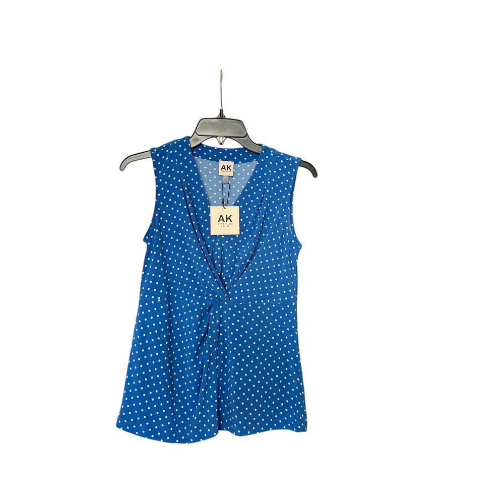 Anne Klein Petite Polka Dot Sleeveless V-Neck Blouse XS Blue Retro Spring Chic